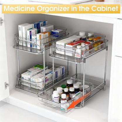 2 Pack Medicine Cabinet Organizer with Dividers, Medicine and Vitamin Bottle Storage, MultiUse Pull-Out Under Sink Organizer Storage Container, Suitable for Cabinets, Bathrooms, Dressing Tables,Pantry