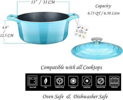 La Cuisine Enameled Cast Iron Oval Dutch Oven Casserole Pot with Lid, 6.75 QT Internal Matte Black Enamel for bread baking, 2-ton Teal Enamel Coating Finish Exterior, Oven Safe up to 480° F