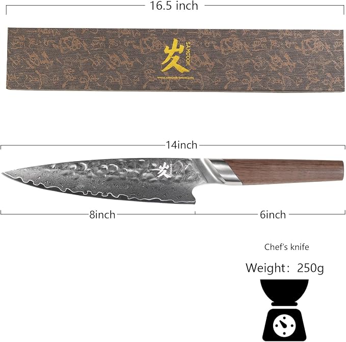 SAMCOOK Chef Knife,8 Inch Professional Sharp Hammered Damascus Knife,Japanese VG-10 High Carbon Stainless Steel Kitchen Gyuto knife,Ergonomic Black Walnut Handle with Premium Gift Box