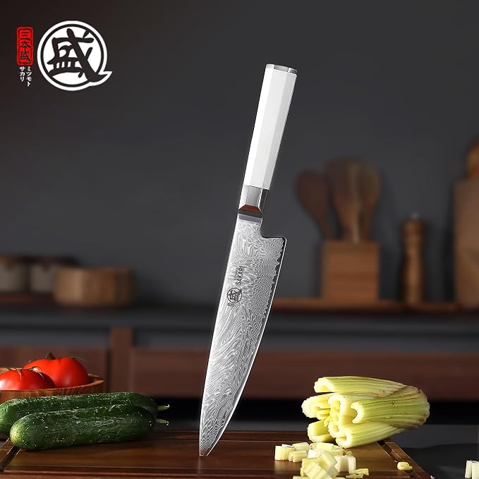 MITSUMOTO SAKARI 8-Inch VG-Pro Damascus Gyuto Knife, Hand Forged Professional Japanese Chef Knife, Ergonomic G10 Handle & Sandalwood Box