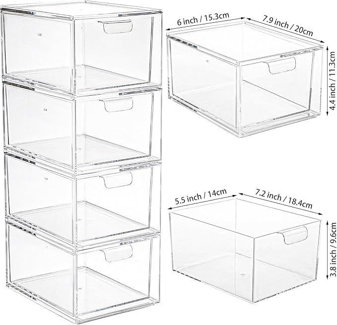 Foraineam 4 Pack Stackable Storage Containers Makeup Organizer Drawers, Acrylic Storage Bins with Pull-Out Drawers, Clear Plastic Cosmetic Display Case For Vanity, Cupboard, Pantry, Kitchen Cabinet