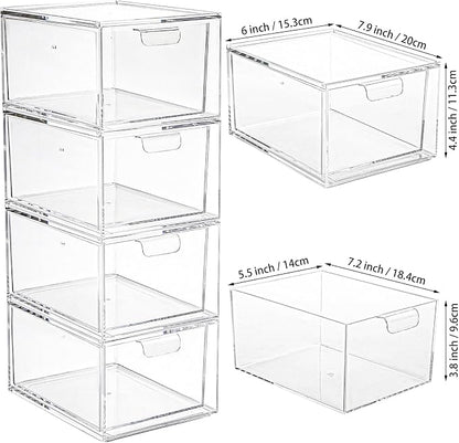 Foraineam 4 Pack Stackable Storage Containers Makeup Organizer Drawers, Acrylic Storage Bins with Pull-Out Drawers, Clear Plastic Cosmetic Display Case For Vanity, Cupboard, Pantry, Kitchen Cabinet