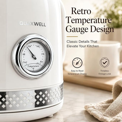 Retro Electric Kettle, 1.7L 304 Stainless Steel Tea Kettle with Temperature Gauge, 1500W Fast Boiling Water Boiler,Auto Shut-Off & Boil-Dry Protection, BPA-Free (Off-white)