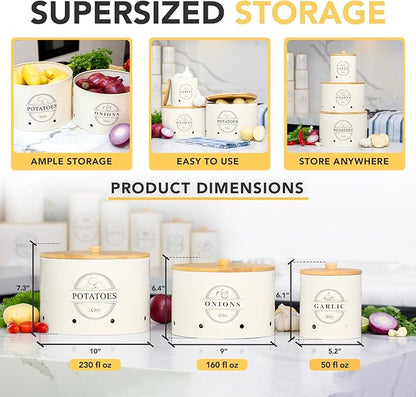 Kito LIVING Canister Sets for Kitchen Counter with Wooden Bamboo Lids, Kitchen Canisters for Countertop, Stackable Steel Farmhouse Canisters for Potato Storage, Onion and Potato Storage Bins - Cream