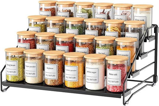 RCHYFEED Spice Rack Organizer for Cabinet Pantry,4 Tier Spice Rack Countertop, Depth Adjustable Spice Organization for Cabinet,Tierd Seasoning Organizer for Cabinet(Black, 1Pack) | for Cabinet Pantry