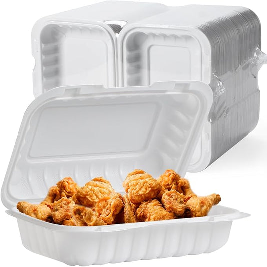 9x6 27 oz 50 Pack To Go Containers - Shrink Wrap Ready to Use | Mineral Filled PP BPA Free Clamshell | Freezer Microwave Safe | White Reusable Food Boxes for Commercial, Sandwiches & Salad