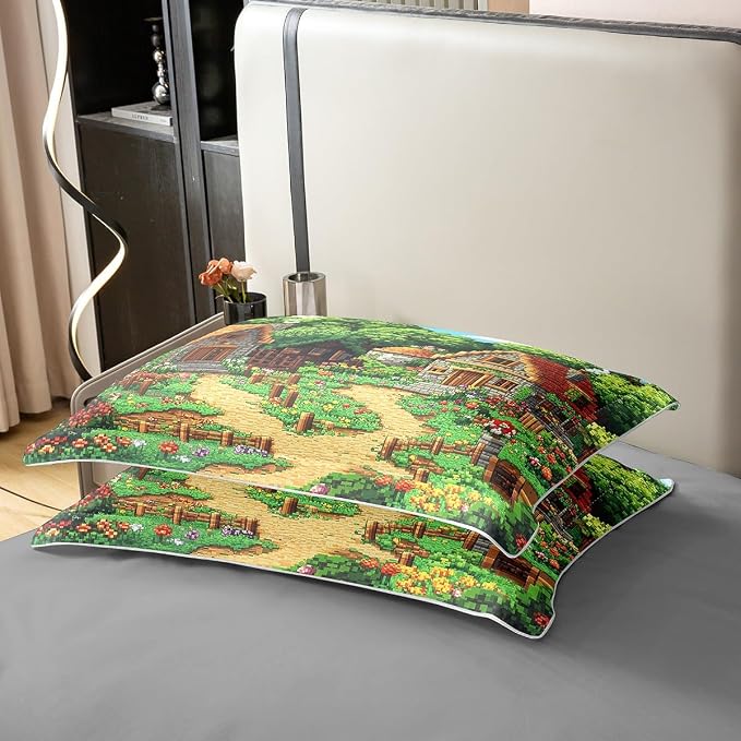 Castle Fairy Rustic Country 100% Organic Cotton Comforter Cover (Not Comforter) Pixel Style Log Cabin Duvet Cover Set Queen Size for Bedroom Building Video Games Bedding Set with 2 Pillowcases