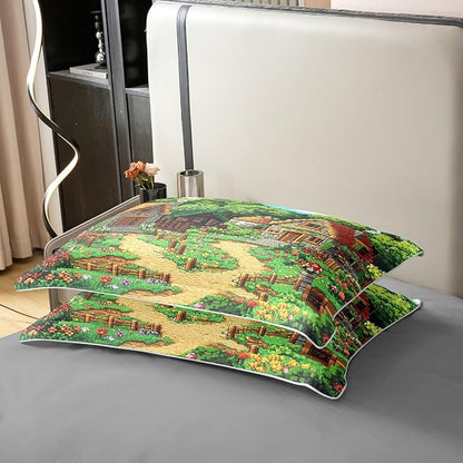 Castle Fairy Rustic Country 100% Organic Cotton Comforter Cover (Not Comforter) Pixel Style Log Cabin Duvet Cover Set Queen Size for Bedroom Building Video Games Bedding Set with 2 Pillowcases