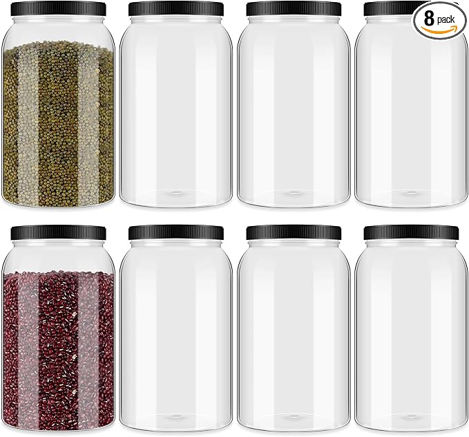Dandat 8 Pcs 1 Gallon Clear Plastic Jars Airtight Pantry Large Mouth Jars Plastic Jug Cylinder Containers with Lids for Candy Butter Honey Sugar Cookies Arts Crafts Bartender Kitchen (Black Lids)