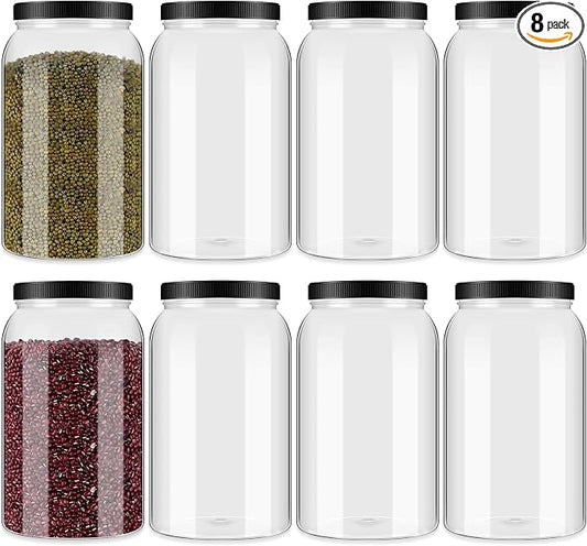 Dandat 8 Pcs 1 Gallon Clear Plastic Jars Airtight Pantry Large Mouth Jars Plastic Jug Cylinder Containers with Lids for Candy Butter Honey Sugar Cookies Arts Crafts Bartender Kitchen (Black Lids)