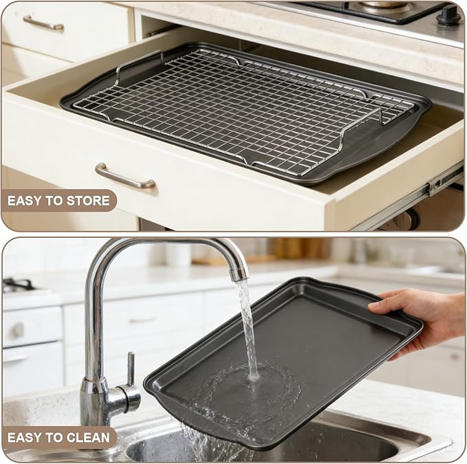 Baking Sheet with Rack Set, Carbon Steel Cookie Sheets for Baking, Multipurpose Cooking Sheet Pan, Cooling Rack, Nonstick Baking Pans, Dishwasher Safe, Size 17 x 12 x 0.8 Inches