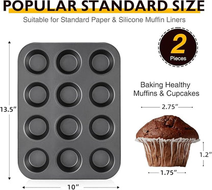 HONGBAKE Non-Stick Muffin Pans, Cupcake Pan with Silicone Baking Cups, 2 Pack Non toxic Healthy Muffin tin, Heavy duty-Dark Grey