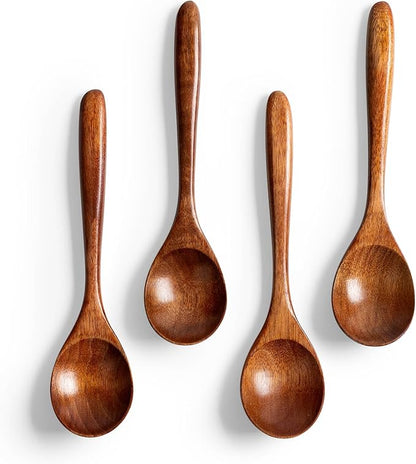 4 PCS Wooden Spoons for Honey, 6.7 inch Small Wooden Spoons - Terrific for Tea, Coffee & Soup, Little Wood Serving Table Spoon Set, Bulk Bamboo Teaspoon for Eating with Unique Design