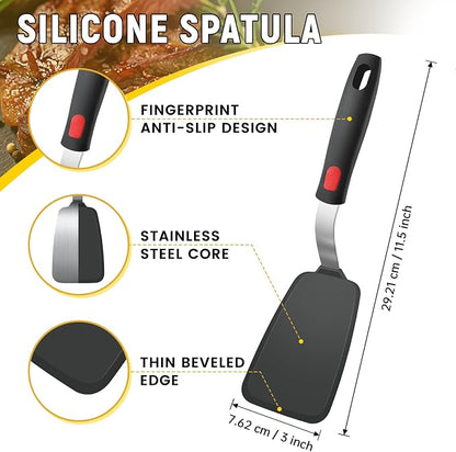 Flexible Silicone Spatula Turner, Heat Resistant Silicone Turner for Non-Stick Cookware, BPA-Free Food Grade Kitchen Spatula Utensils, Ideal for Flipping Eggs, Burgers, Pancakes, 11.8 x 2.4 in, Black