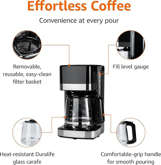 Amazon Basics 12 Cup Drip Coffee Maker with Glass Carafe (1.9 Qt), Auto Shut-off, Auto Pause, Removable Filter Basket, Black & Silver