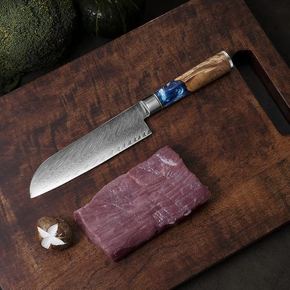 Real Damascus Steel Santouku Knife VG-10 Core Japanese Steel Kitchen Knives for Meat & Vegetable, Cooking Cutlery with Sheath