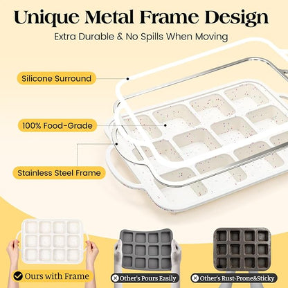 Vinino Silicone Brownie Pan with Dividers, 1 Pack Mini Loaf Pan for Baking Individual, Nonstick 12 Cups Square Muffin Cupcake Pans with Metal Reinforced Frame-Cream