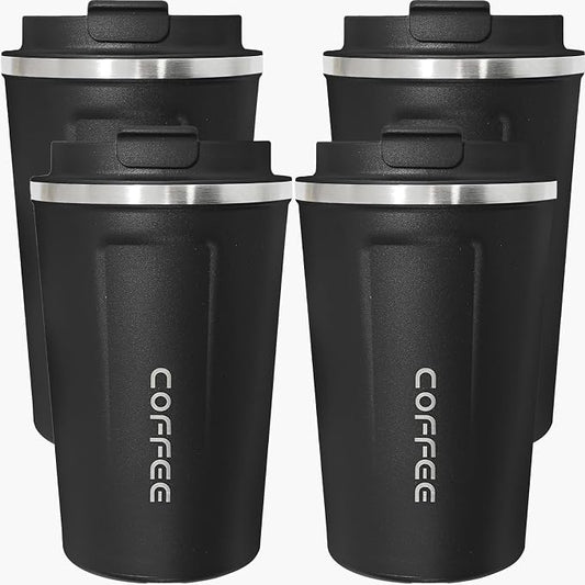 4 Pack Travel Coffee Mug 17oz Insulated Coffee Cup with Lid, Reusable Thermal Coffee Cup Stainless Steel Coffee Tumbler to Keep Hot & Cold Drinks for Car, Daily, Travel and Gifts, Black