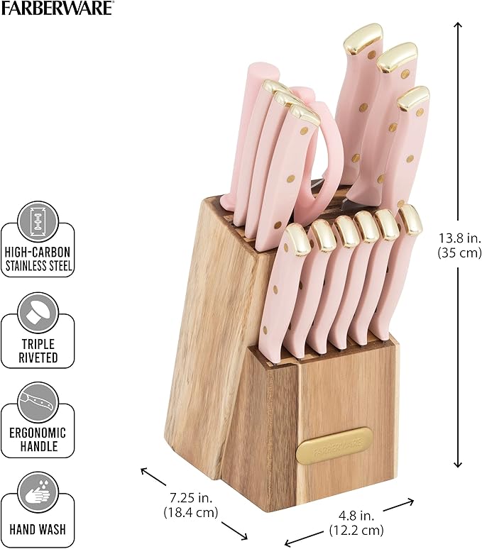 Farberware 15-Piece Knife Block Set with Black Soft-Grip Handles and Graphite Block - Kitchen Knife Set with Chef Knife, Steak Knives, Shears and Sharpening Steel