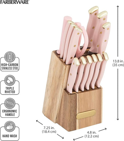Farberware 15-Piece Knife Block Set with Black Soft-Grip Handles and Graphite Block - Kitchen Knife Set with Chef Knife, Steak Knives, Shears and Sharpening Steel