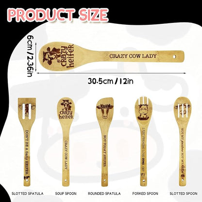 6PCS Cow Gifts for Women, Unique Cow Print Bamboo Spoons Set with Cute Keychain, Kitchen Gifts for Women Mom Sister Bestie