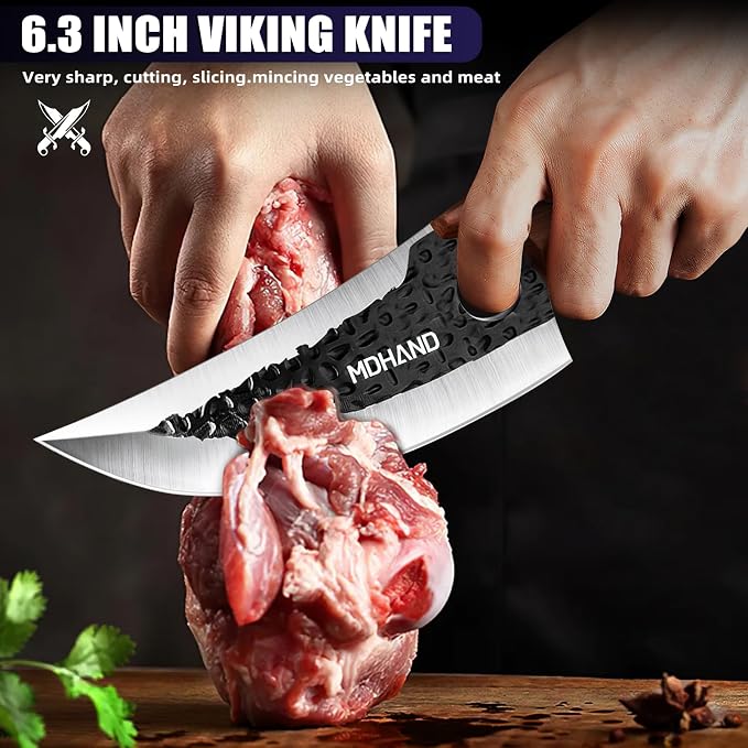 MDHAND Butcher Knife Set, 8PCS Hand Forged Butcher Chef Knife Set, High Carbon Steel Full Tang Kitchen Knives Set, Heavy Duty Meat Cleaver for Outdoor Camping BBQ, Gift for Men