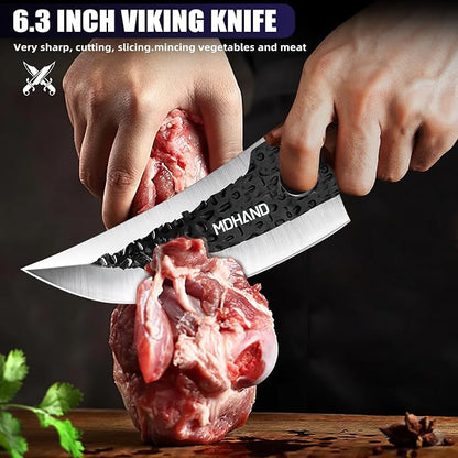 MDHAND Butcher Knife Set, 8PCS Hand Forged Butcher Chef Knife Set, High Carbon Steel Full Tang Kitchen Knives Set, Heavy Duty Meat Cleaver for Outdoor Camping BBQ, Gift for Men