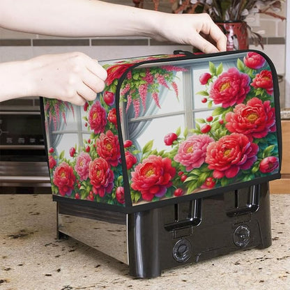 Flower Floral Red Toaster Cover 2 Slice Wide Slot Washable Kitchen Appliance Covers Fingerprint Bread Machine Dust Cover Small Toaster Oven Accessories Covers Bread Maker Bag Women Gift