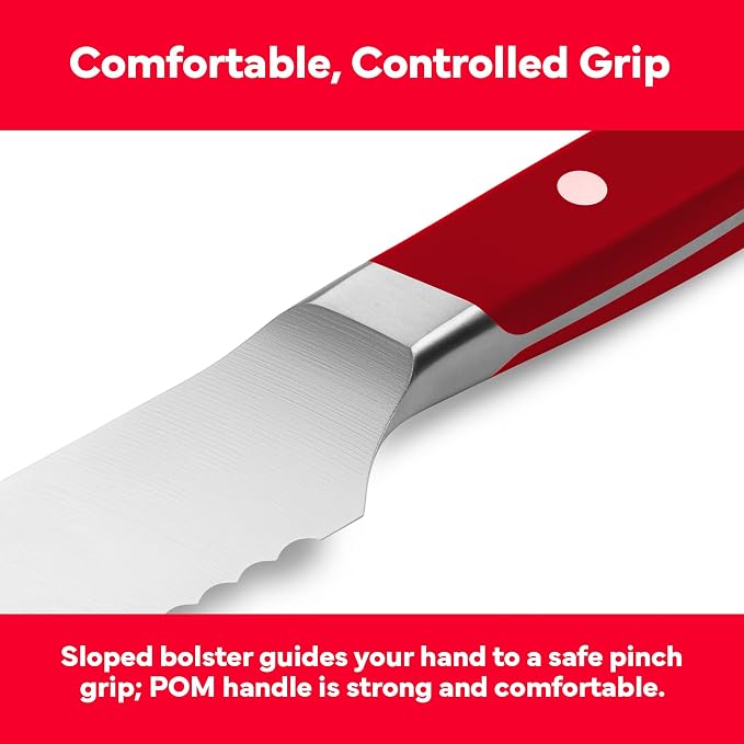 Misen Serrated Bread Knife - High-Carbon Japanese AUS8 Steel - Perfect for Soft Foods, Bread, Pastries, and Fruits - Verstatile Slicer, Razor-Sharp Edge, Durable Blade, Ergonomic Handle - 8", Red