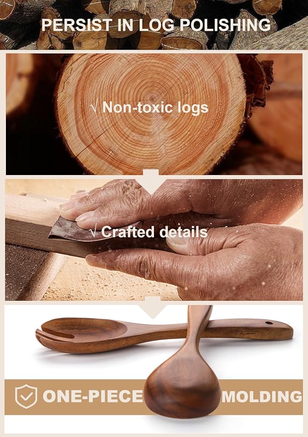 Nucookery Wooden Cooking Utensils Set with Holder, Teak Wood Utensils, Ceramic Holder for Countertop with Protection Cork Bottom, Nonstick Spoons, Cooking Spatula Set, 10 Pcs Kitchen Decor, (Black)