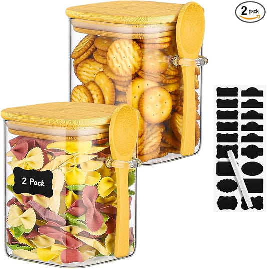 Glass Storage Jars with Airtight Lid - 2 Pack 28 Fl.oz Square Glass Containers with Bamboo Lids and Spoon, Includes Labels and Marker, Cereal Container Tea Canister for Flour, Beans, Sugar