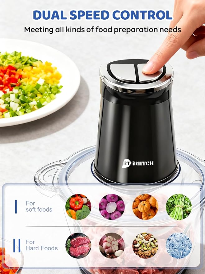 IRIITCH Food Processor with LED Timer, 800W Electric Chopper with 2 Bowls (12-cups Glass Bowl+12 cups Stainless Steel Bowl), 2 Set 6 Bi-Level S-Blades, Meat Grinder for Nuts, Onion, Garlic, Baby Food