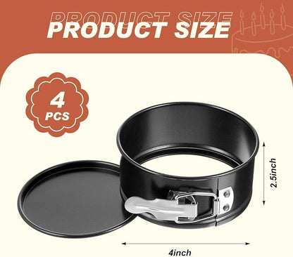 Funnymoom 4 Pcs 4 Inch Non Stick Springform Pan with Removable Bottom Carbon Steel Round Springform Cheesecake Pan with Stainless Steel Spring Buckles for Baking Kitchens Restaurant(Black)