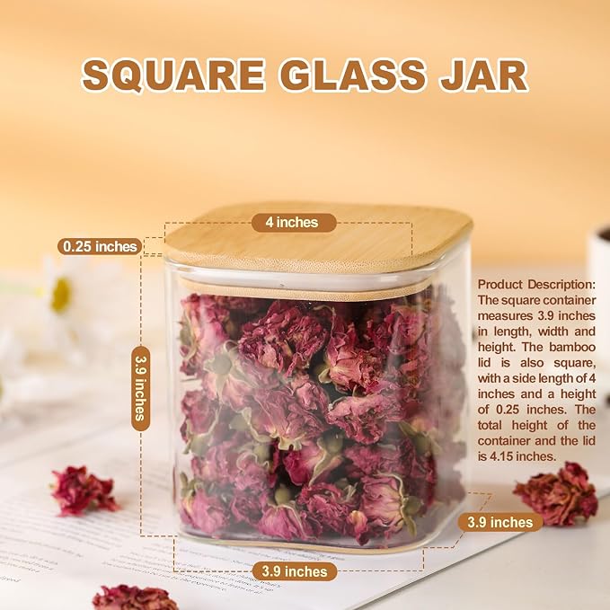 4-Pack Square Glass Containers with Bamboo Lids, 24 fl oz/720ml Airtight Canister Set, Clean & Elegant Storage Jars for Candy, Coffee, Tea, Sugar, Flour, Cookies, Spices