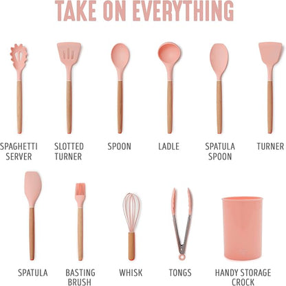 GreenLife 11 Piece Silicone Utensil Crock Set, Nonstick Kitchen Tools, Ladle, Turner, Slotted Turner, Spatula, Spoon, Spaghetti Server, Brush, Whisk, Tongs, Crock, Dusty Pink