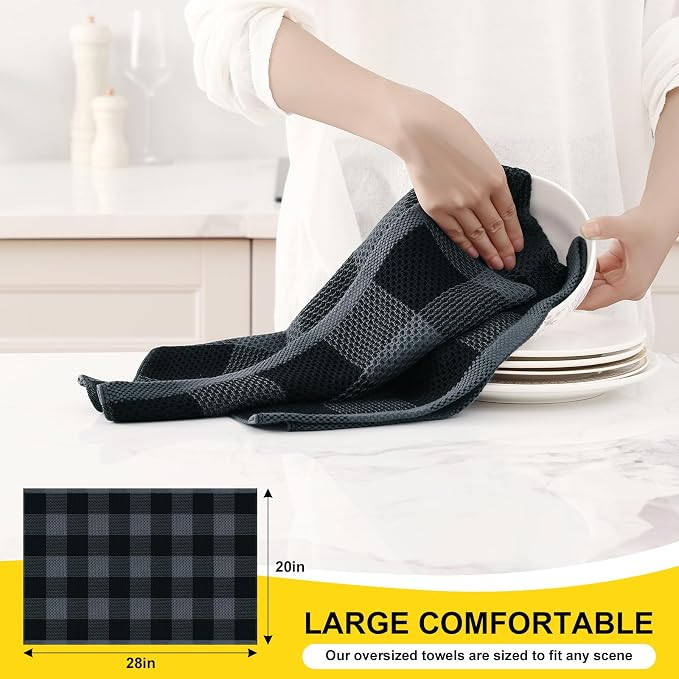 Homaxy Kitchen Towels and Dishcloths Set, 12 x 12 and 20 x 28 Inches, Set of 8 100% Cotton Waffle Weave Check Plaid Kitchen Dish Towels, Super Soft and Absorbent Dish Cloths, Black & Grey