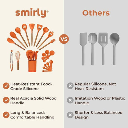 Silicone Kitchen Utensils Set & Holder: Cooking Utensils Set - Kitchen Essentials for New Home & 1st Apartment- Silicone Spatula Set, Cooking Spoons for Nonstick Cookware (Acacia Wood, Oange)