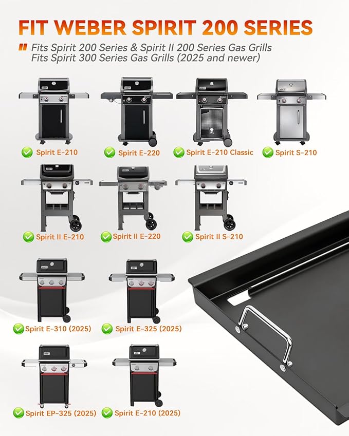Full Size Griddle Inserts for Weber Spirit 300 Series(2025 Models) and Spirit 200 Series, 7637 Flat Top Grill Part for Weber Spirit E310 E325 EP325(2025), GS4 Spirit I & II E210 E220, Carbon steel