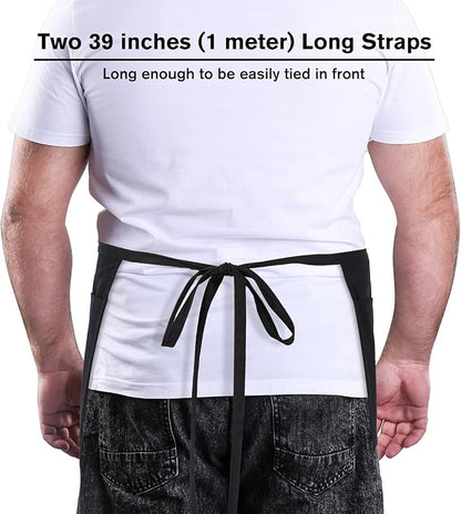 Jubatus 3 Pack 100% Cotton Server Apron with 3 Pockets for Women Men Waist Waitress Half Waiter Serving Short Aprons, Black 23.62 x 11.81 inches