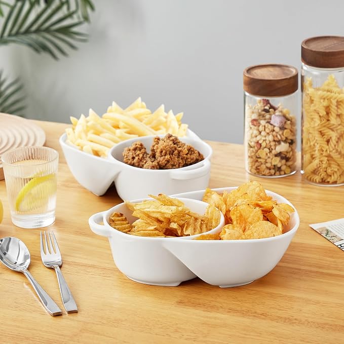 vancasso Starry Chip and Dip Bowl, Anti-Soggy Cereal Bowl, Soup and Sandwich Plate Combo, Breakfast Powls, Divided Snack Bowls Gifts for Wedding Housewarming Party, 2 Pack(White)