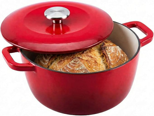 5.5QT Enamel Cast Iron Dutch Oven with Lid,Dual Handles,Versatile Heavy-Duty Non-toxic Cookware for Sourdough Bread Baking,Braising,Stews,Roasting,Oven Safe up to 500°F red