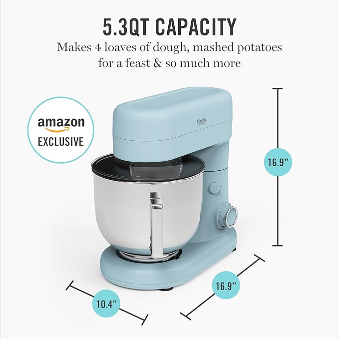 Martha Stewart 5.3Qt Stand Mixer, 12-Speed Tilt-Head Electric Kitchen Mixer with Stainless Steel Bowl, Dough Hook, Whisk & Beater, Splash Guard, Ideal for Baking Bread, Cake & Whipping, Sky Blue