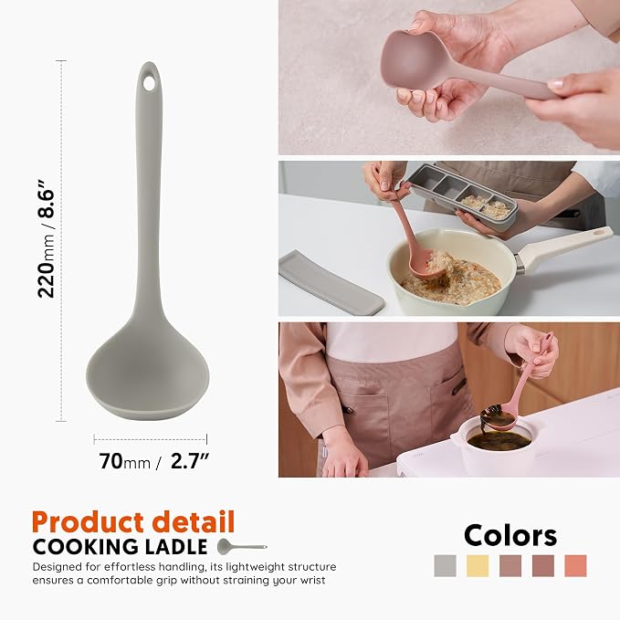 Platinum Silicone Cooking Ladle for Baking, Scraping & Mixing, 100% Food Grade Colorful Silicone Kitchen & Serving Utensils, Heat Resistant, Non-Stick Cookware - 8.6 inch Warm Gray