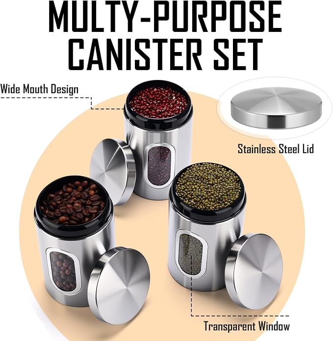 Zopeal 6 Pack Original Canisters Sets for Kitchen 50oz Stainless Steel Kitchen Canisters with Transparent Windows Flour Sugar Container Metal Jar Countertop Set for Coffee Tea Decorative