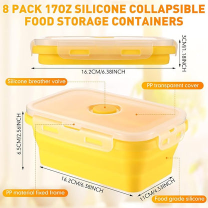 Mifoci Set of 8 Silicone Collapsible Bowls for Camping with Vent Lid Silicone Storage Containers for Food Meal Preparation Square Bowl Microwave Freezer Dishwasher Safe(Macaron Color,17 Oz/ 500 ml)