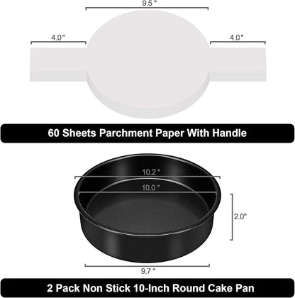 10 Inch Cake Pan Set of 2, Nonstick Round Cake Pans with 60PCS Pre-cut Parchment Paper for Christmas Birthday Thanksgiving, Circle Cake Pan for Baking Layer Cakes Deep-Dish Pizza Pie, Dishwasher Safe