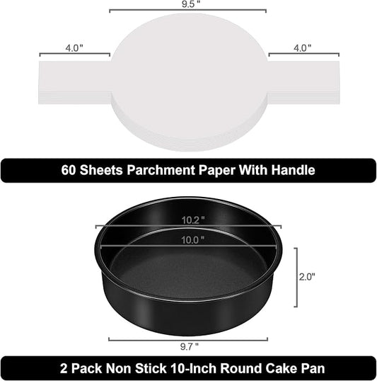 10 Inch Cake Pan Set of 2, Nonstick Round Cake Pans with 60PCS Pre-cut Parchment Paper for Christmas Birthday Thanksgiving, Circle Cake Pan for Baking Layer Cakes Deep-Dish Pizza Pie, Dishwasher Safe