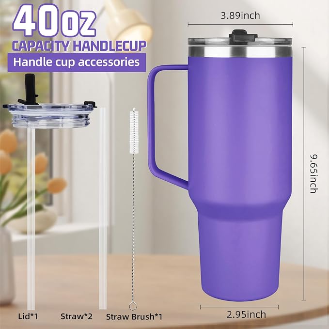 40 oz Tumbler with Handle and Flip Straw, 100% Leakproof Insulated Tumbler with Lid and Straw, Stainless Steel Travel Coffee Mug, Insulated Coffee Thermal Cup for Cold and Hot (Purple)