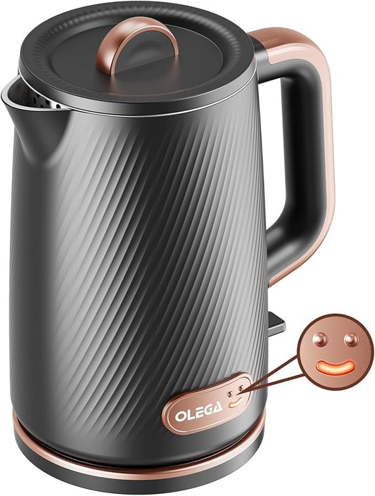 OLEGA Electric Kettle: 1200W Fast Boil Electric Water Kettles, 1.5L Double Wall Stainless Steel Tea Kettle, Auto Shut-Off, BPA-Free Hot Water Boiler Teapot for Coffee & Tea -Black