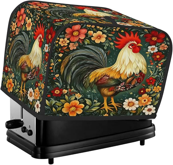 4 Slice Green Flower Rooster Toaster Cover Waterproof Dust Fingerprint Bread Machine Cover Washable Kitchen Appliance Protector For Home Kitchen Bakeware Table Decor Women Gifts